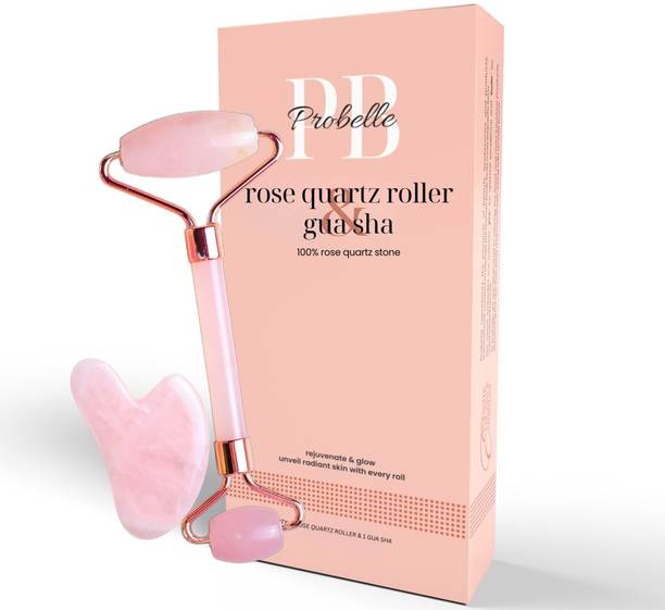 Probelle Premium Rose Quartz Roller with Gua Sha - 100% Natural Imported Stone | Facial Massager for Skin Firming, Puffiness Reduction and Skincare Absorption Massager