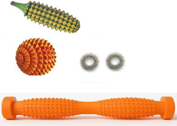 Ronofic Acupressure Massager Tool Set – Foot Roller, Wooden Karela- Roller, Spiky Massage Ball & 2 Finger Massager Sujok Ring Massager