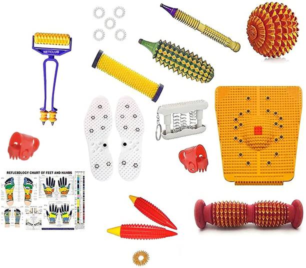 netclub Acupressure kit Massager Tools Combo Kit with Foot Roller Wooden Mat Magneto Therapy Handle Roller Finger Massager Shoe Sole 5 Massage Rings body Massager