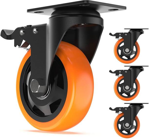 SMP product 3 Inch Heavy - Duty PU Orange Soft Rubber Caster Wheel (2 With Brakes-2 Without) Cooler Stands, Sofas, Tables | 3 Inch(2With Brake+2Without) Multiple Unit Measuring Wheel