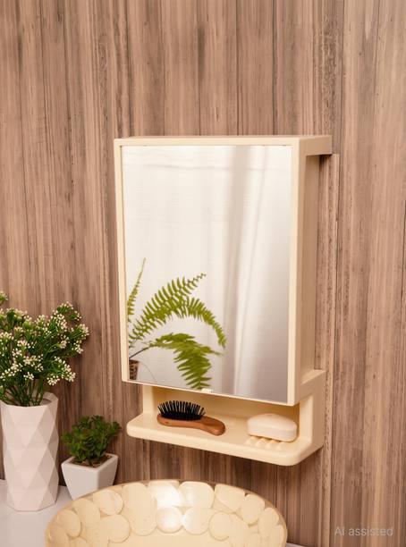 Zahab Elegant New Look Full Mirror Door Bathroom Cabinet Cream 12 x 4.5 x 18 inch Plastic Wall Shelf