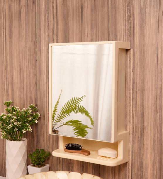 Zahab Elegant New Look Full Mirror Door Bathroom Cabinet Cream 12 x 4.5 x 18 inch Plastic Wall Shelf
