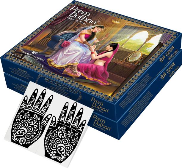 Prem Dulhan Natural Henna Cone 24 pcs with Stencils Herbal Mehendi Cones for Hands (2 Box) Natural Mehendi