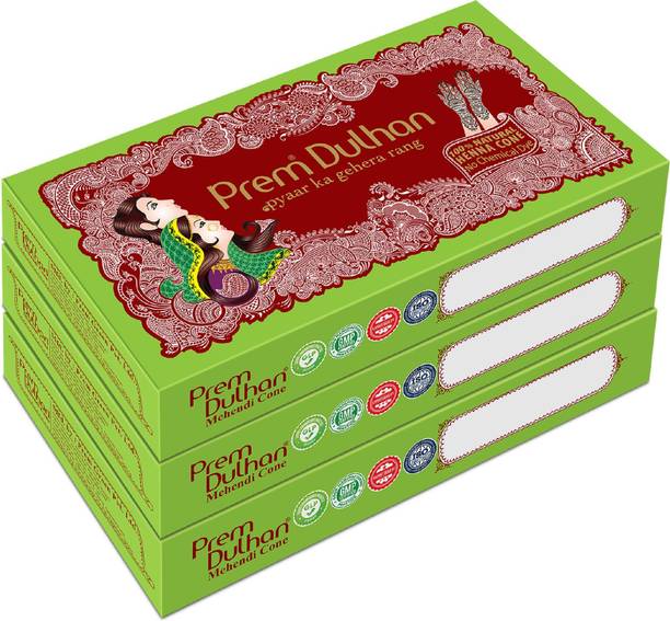 Prem Dulhan Ready to Use Mehendi Cone Natural Henna Cones for Hands (3 Box) Natural Mehendi