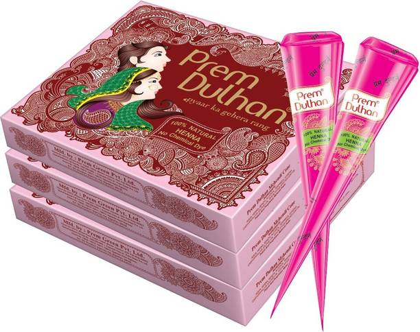 Prem Dulhan 100% Pure Natural, No Chemical 12 Pieces Pink Mehandi cone 350gm (Pack of 3) Natural Mehendi