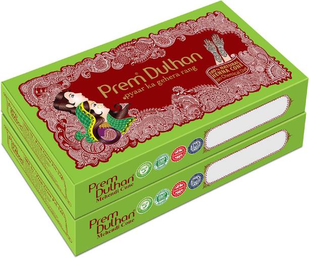 Prem Dulhan Ready to Use Mehendi Cone Natural Henna Cones for Hands (2 Box) Natural Mehendi