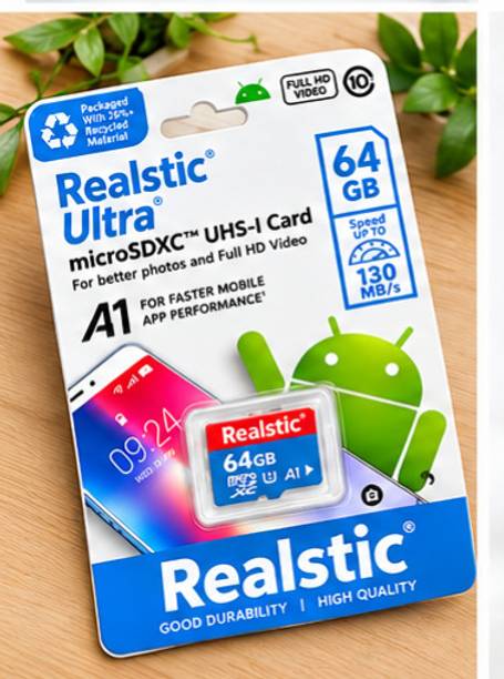 Realstic A1 64 GB MijcroSD Card Class 10 130 MB/s Memory Card A1 64 GB MicroSD Card Class 10 50 MB/s Memory Card Compatible with Camera, Computer, Mobile, Tablet, Gaming Console