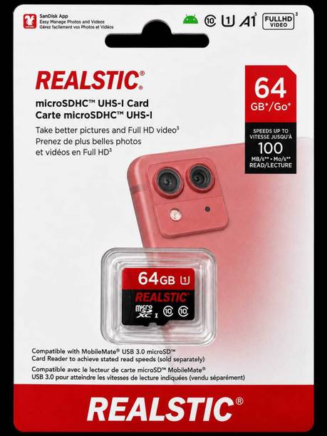 Realstic A1 64 GB MicroSD Card Class 10 130 MB/s Memory Card A1 64 GB MicroSD Card Class 10 50 MB/s  Memory Card Compatible with Camera, Computer, Mobile, Tablet, Gaming Console