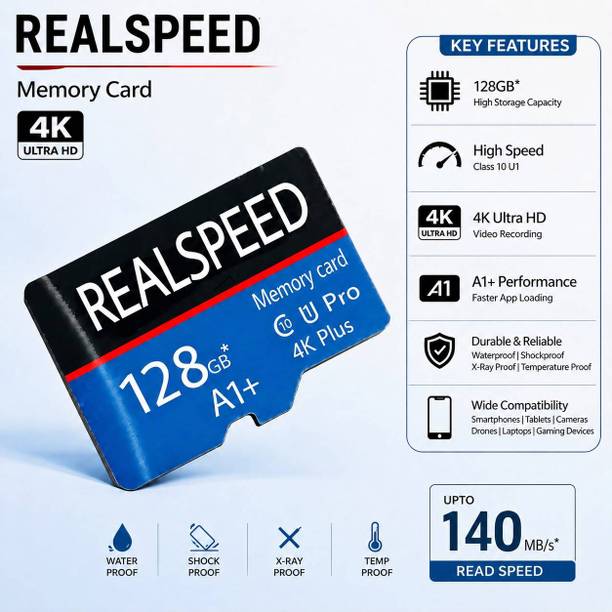 Realspeed RS128GMMC 4K HD 128 GB MicroSD Card Class 10 140 MB/s  Memory Card Compatible with Computer, Gaming Console, Mobile, Tablet
