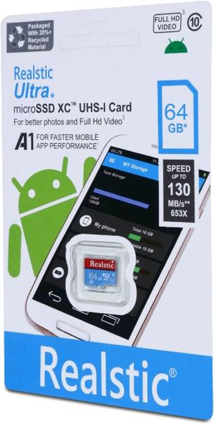 Realstic 64GB Memory card A1 64 GB MicroSD Card Class 10 130 MB/s Memory Card Compatible with Camera, Computer, Gaming Console, Mobile, Tablet