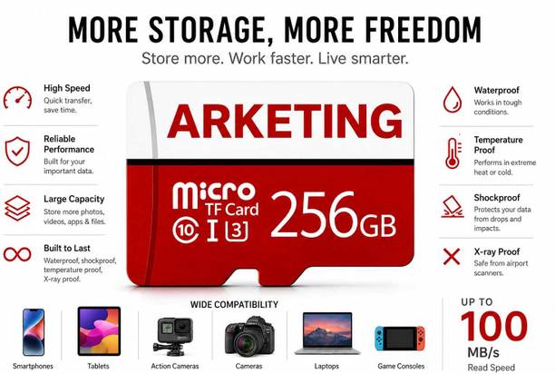 ARKETING VSDSDQ- 256 256 GB 256 GB MicroSD Card Class 10 120 MB/s  Memory Card Compatible with Camera, Computer, Gaming Console, Mobile, Tablet