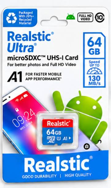 Realstic A1 64 GBp MicroSD Card Class 10 130 MB/s Memory Card A1 64 GB MicroSD Card Class 10 50 MB/s Memory Card Compatible with Camera, Computer, Mobile, Tablet, Gaming Console