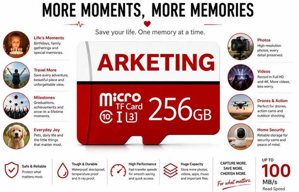 ARKETING VSDSD- 256 256 GB 256 GB MicroSD Card Class 10 120 MB/s Memory Card Compatible with Camera, Computer, Gaming Console, Mobile, Tablet