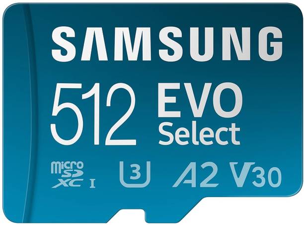 SAMSUNG EVO Select + Adapter 512GB microSDXC 130MB/s Full HD & 4K UHD, UHS-I, U3, A2, V30 (MB-ME512KA/AM) EVO Plus 512 GB MicroSDXC Class 10 120 MB/s Memory Card Compatible with Camera, Computer, Gaming Console, Mobile, Tablet