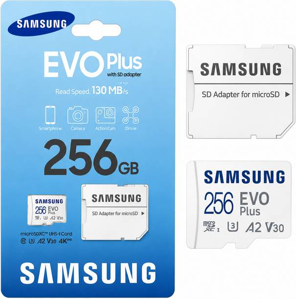 SAMSUNG 256 GB , MicroSDXC Class 10 130 MB/s,, EVO PLUS 256 GB MicroSDXC Class 10 131 MB/s Memory Card Compatible with Camera, Computer, Gaming Console, Mobile, Tablet