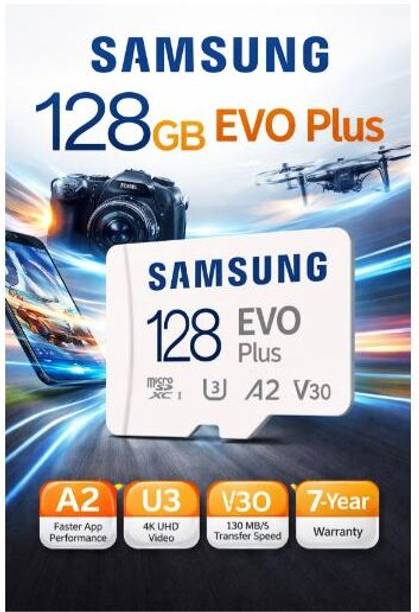 SAMSUNG MB-MC128DA/APC EVO Plus 128 GB MicroSDXC Class 10 131 MB/s  Memory Card Compatible with Camera, Computer, Gaming Console, Mobile, Tablet