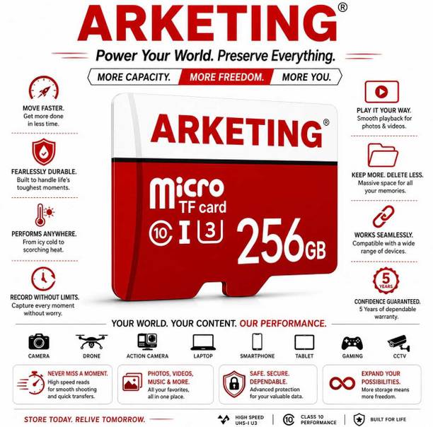 ARKETING AR256 M256 256 GB SDHC UHS-I Card Class 10 120 MB/s  Memory Card Compatible with Camera, Computer, Gaming Console, Mobile, Tablet