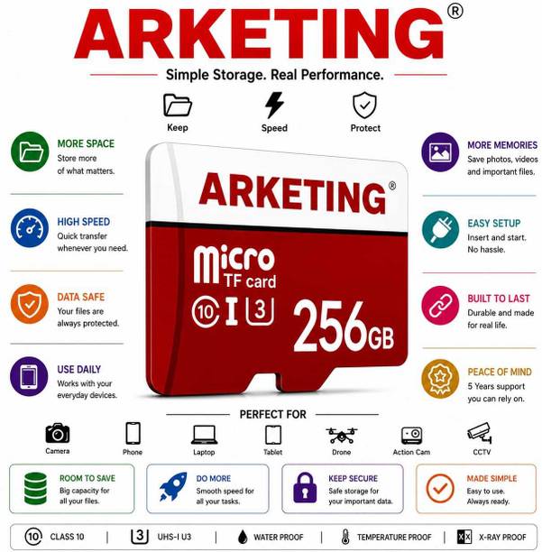 ARKETING SF256 M256 256 GB SDHC UHS-I Card Class 10 120 MB/s Memory Card Compatible with Camera, Computer, Gaming Console, Mobile, Tablet