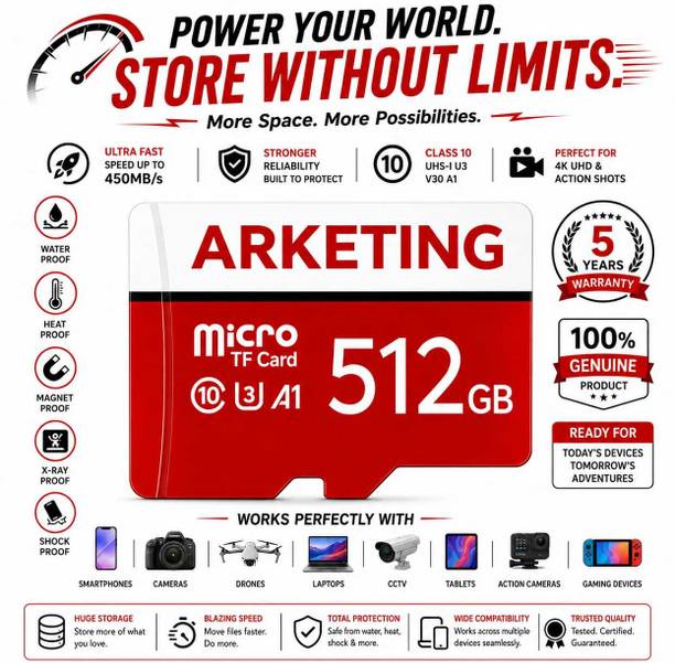ARKETING ARK512-E05R2 M512 512 GB TF Card Class 10 120 MB/s Memory Card Compatible with Camera, Computer, Gaming Console, Mobile, Tablet