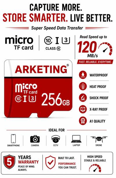 ARKETING ARK-M4Z8-C1K6 ARK-7X4M-K9Q2 256 GB Universal Flash Storage Class 10 120 MB/s Memory Card Compatible with Camera, Computer, Gaming Console, Mobile, Tablet