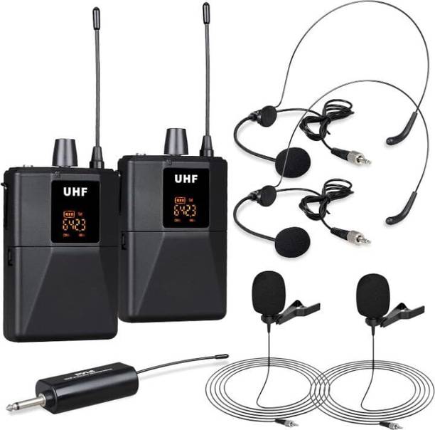 KH UHF Wireless Mic System Portable Pro Cordless Mic with 2 Headset,2 Lavalier Microphone