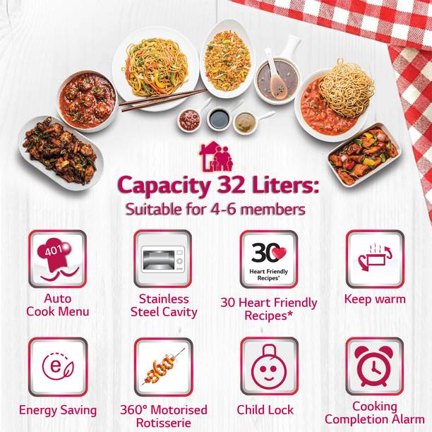 LG 32 L Diet Fry and with 360 Motorised Rotisserie for crispy and tasty bar-be-que recipes, Charcoal Convection Microwave Oven
