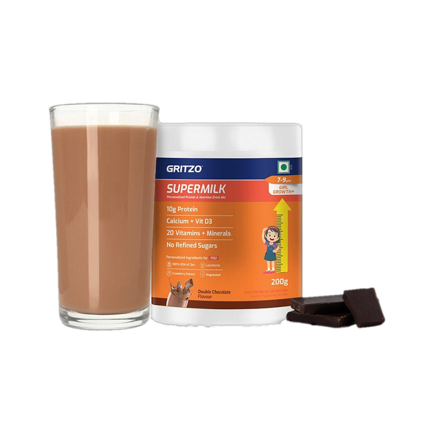 Gritzo SuperMilk Growth+ (7-9y Girls), 10g Protein Powder, Double Chocolate