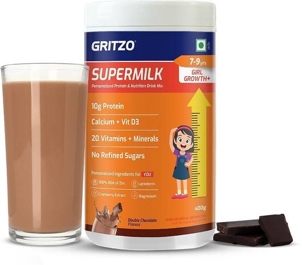 Gritzo SuperMilk Growth+ (7-9y Girls), 10g Protein Powder, Double Chocolate