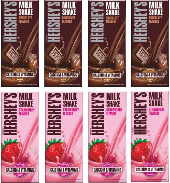 HERSHEY'S Milkshake Chocolate & Strawberry Flavour - Pack of 8 (180ml each)