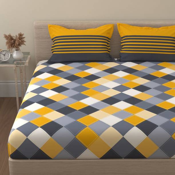 Huesland Cotton Double Flat 144 TC Checkered 1 Summer Bedsheet with 2 Pillow Covers