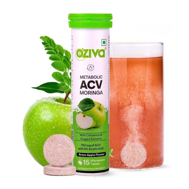 OZiva ACV Moringa (Green Apple)To Control Cravings, Apple Cider Vinegar,No Added Sugar 15 Tablets