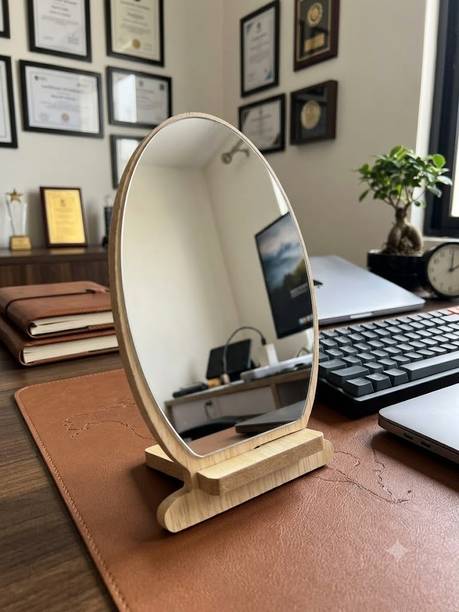Gabani fashion Sleek Oval Vanity Mirror with Wooden Base – Minimalist Workspace Decor Bathroom Mirror
