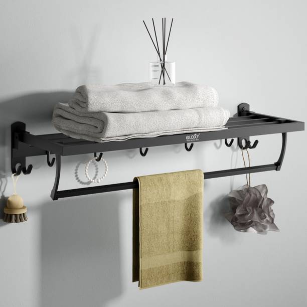 GLOXY Space-Saving Foldable Towel Rack | Wall-Mounted Bathroom Storage Rack with Hooks Metal Wall Mount Sideboard