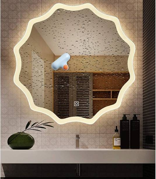 Khushi Decors Round Zig Zag Wall Mirror with Light Size:18" x 18" Lighted Mirror Bathroom Mirror