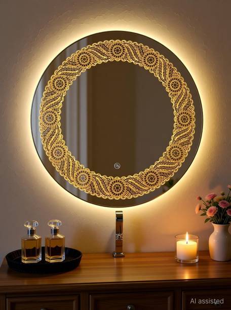luminatri Round Frame Bathroom LED Mirror Size (24' X 24") with 3 color Led Light (Leaf) Lighted Mirror Designer Finish : polished