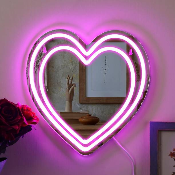 NEON BAZAR Pink Heart Neon Mirror LED Light Sign – Romantic Wall Art for Home Decor Lighted Mirror