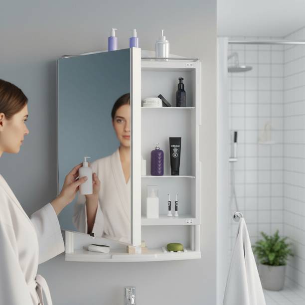 ICONPLUS Modern Bathroom Mirror Cabinet with Shelves | Space Saving Storage Plastic Wall Shelf