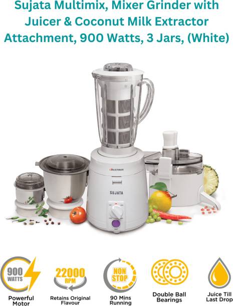 SUJATA 'S MULTIMIX with Juicer Attachment,Coconut Milk Extractor, Dry Grinding and Chutney Grinding 900 Juicer Mixer Grinder (3 Jars, White)