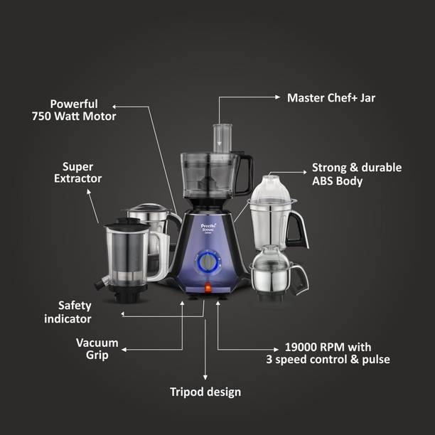 Preethi Zodiac Glitter MG-264 including Masterchef Jar 750 Juicer Mixer Grinder (5 Jars, Lavender/Black)
