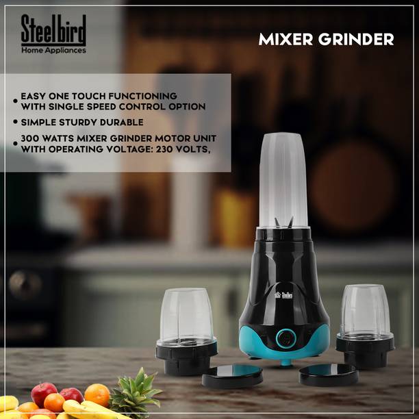 Steelbird Terminator 300-Watt Nutri Pro Mixer Grinder with Wet & Dry Grinding Jars 300 Mixer Grinder (3 Jars, Black with Blue)