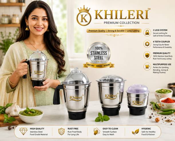 Khileri Premium Mixer Grinder Jar 3 Piece Set with 2-Lock & 4-Teeth Coupler Mixer Juicer Jar