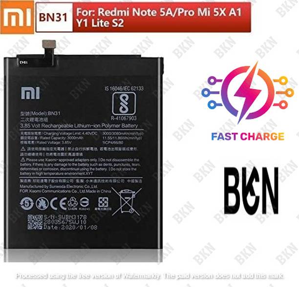 BKN Mobile Battery For  XIAOMI / REDMI / Mi CERTIFIED BN31 Battery For Xiaomi Mi 5X Mi A1 Redmi Note 5A Mi Redmi Y1 Redmi Y2