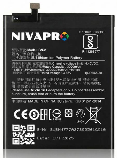 NIVAPRO Mobile Battery For  MI BN31 Redmi 5X, Y1, Y1 Lite Mi A1, Y2, REDNOTE 5A 5A PRO Compatible 3080mAh