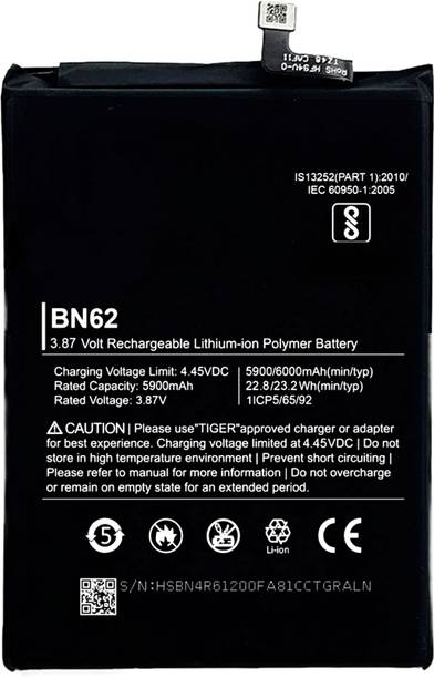 TokTon Mobile Battery For  Xiaomi Redmi 9 Power / Redmi Note 9 4G / Redmi 9T / Poco M3 | Model BN62 {6000mAH}