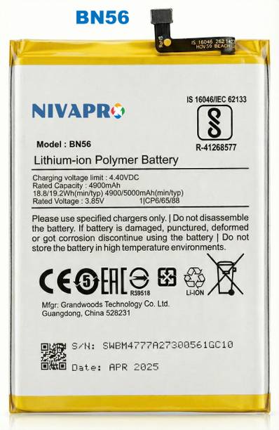 NIVAPRO Mobile Battery For  REDMI BN56, Redmi 9A, Redmi 9AT, Redmi 9 , Redmi 9C NFC, POCO C3 5000mAh/19.2.5/3.85V