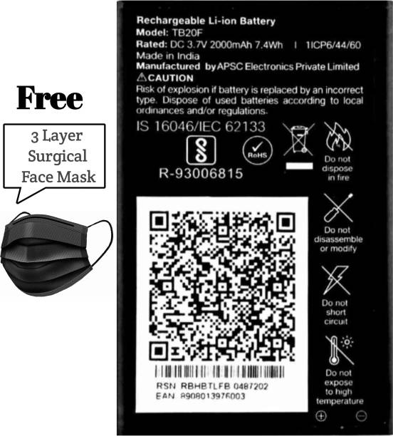 FEkart Mobile Battery For  LYF Jio Phone 2021 / 2022 / 2023 / 2024 2000mAh | Free Mask For Men Women Kids