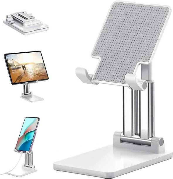 Soopii DM-01 pro Dual Support Desktop Mobile Phone Stand + Tablet Stand, Tab Stand, Mobile Holder, Adjustable & Foldable Mobile Stand, Aluminum Stand Holder for Mobile Phone and Tablet (Up to 14 inch) - Silver Mobile Holder