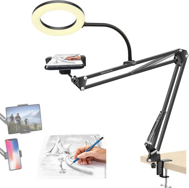 BROLAVIYA Overhead Video Stand with 6 Inch Ring Light, Metal Arm Body, 1/4 Inch Ball Head Mobile Holder