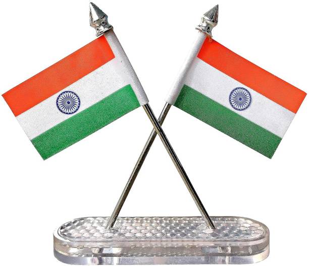 Uneestore Indian Flag Cross Car Dashboard - Black Acrylic Fiber Pole Rectangle Car Dashboard Flag