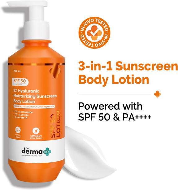 The Derma Co 1% Hyaluronic Moisturizing Sunscreen Body Lotion SPF 50 PA++++ |3-in-1 Sunscreen